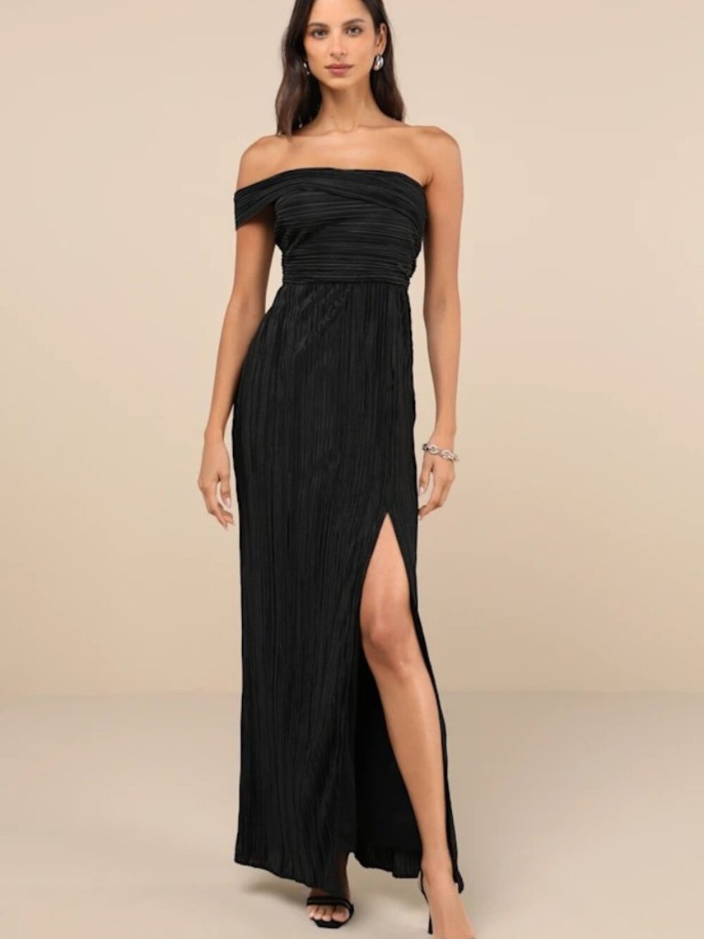 Black Formal Maxi Dress One Shoulder Plisse Bubble Hem Guest Lulus Women's Large